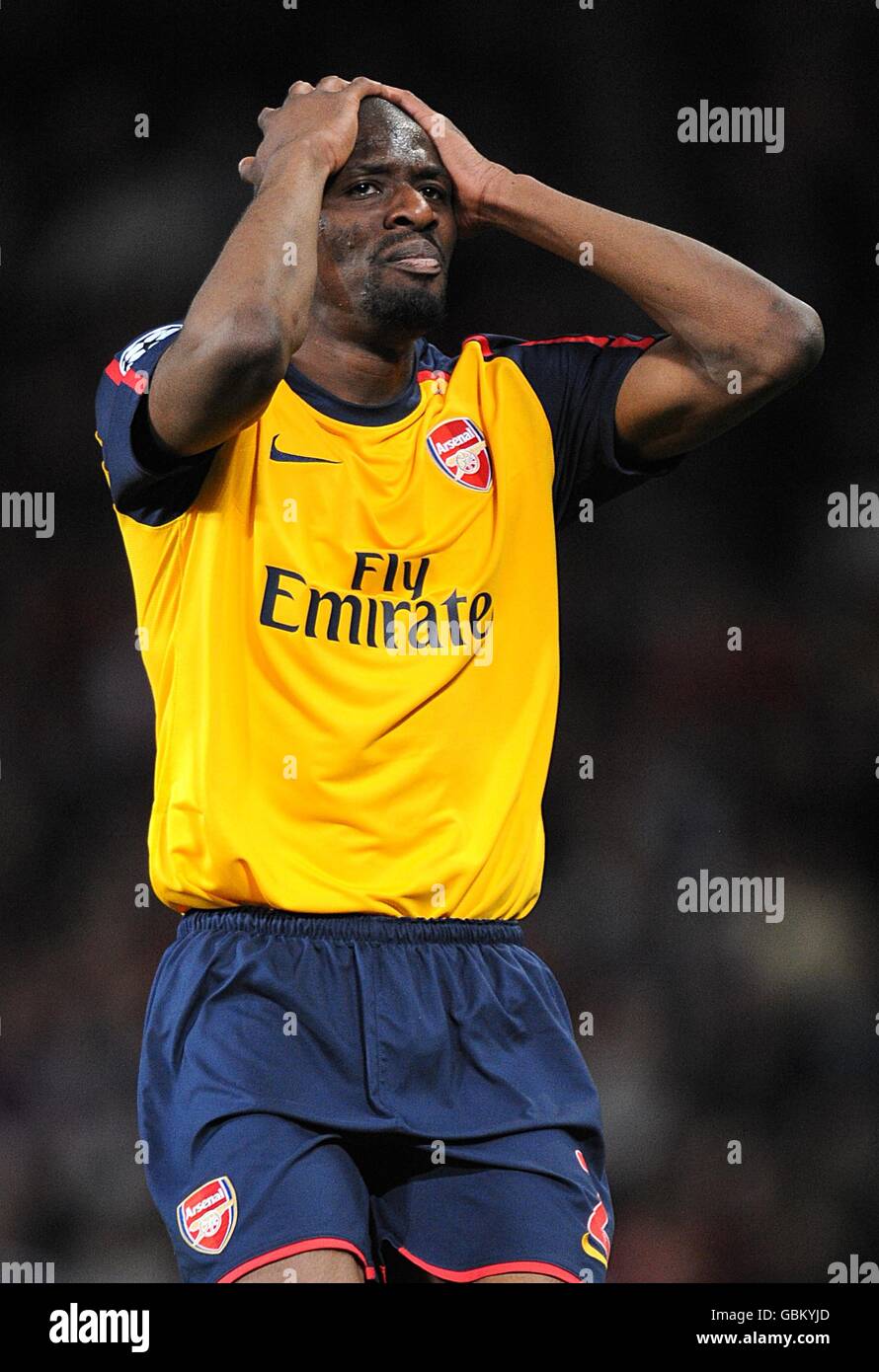 Soccer - UEFA Champions League - Semi Final - First Leg - Manchester United v Arsenal - Old Trafford. Arsenal's Vassiriki Diaby shows his frustration during the match at Old Trafford Stock Photo