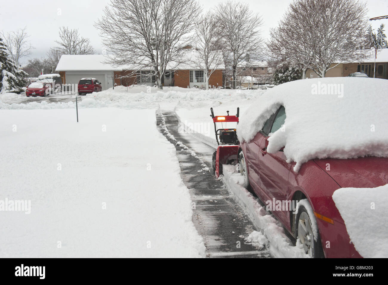 clearing snow from snow covered driveway and car Stock Photo Alamy