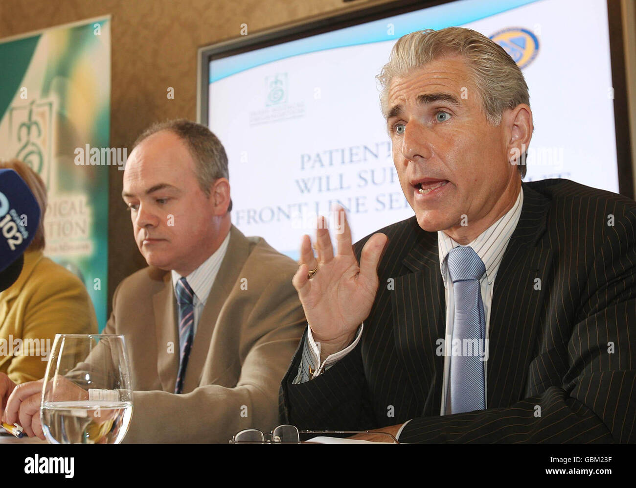 Liam Doran from the Irish Nurses Organisation (right) and Professor Sean Tierney from the Irish Medical Organisation during a joint press conference in IMO House Dublin to address concerns over cost-saving measures on public health service numbers. Stock Photo