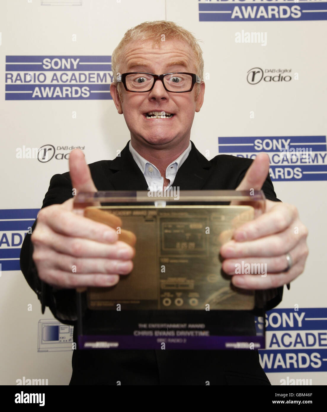 Radio 2 presenter Chris Evans with the Entertainment Award for his drivetime show, at the Sony Radio Academy Awards, at Grosvenor House in central London. Stock Photo