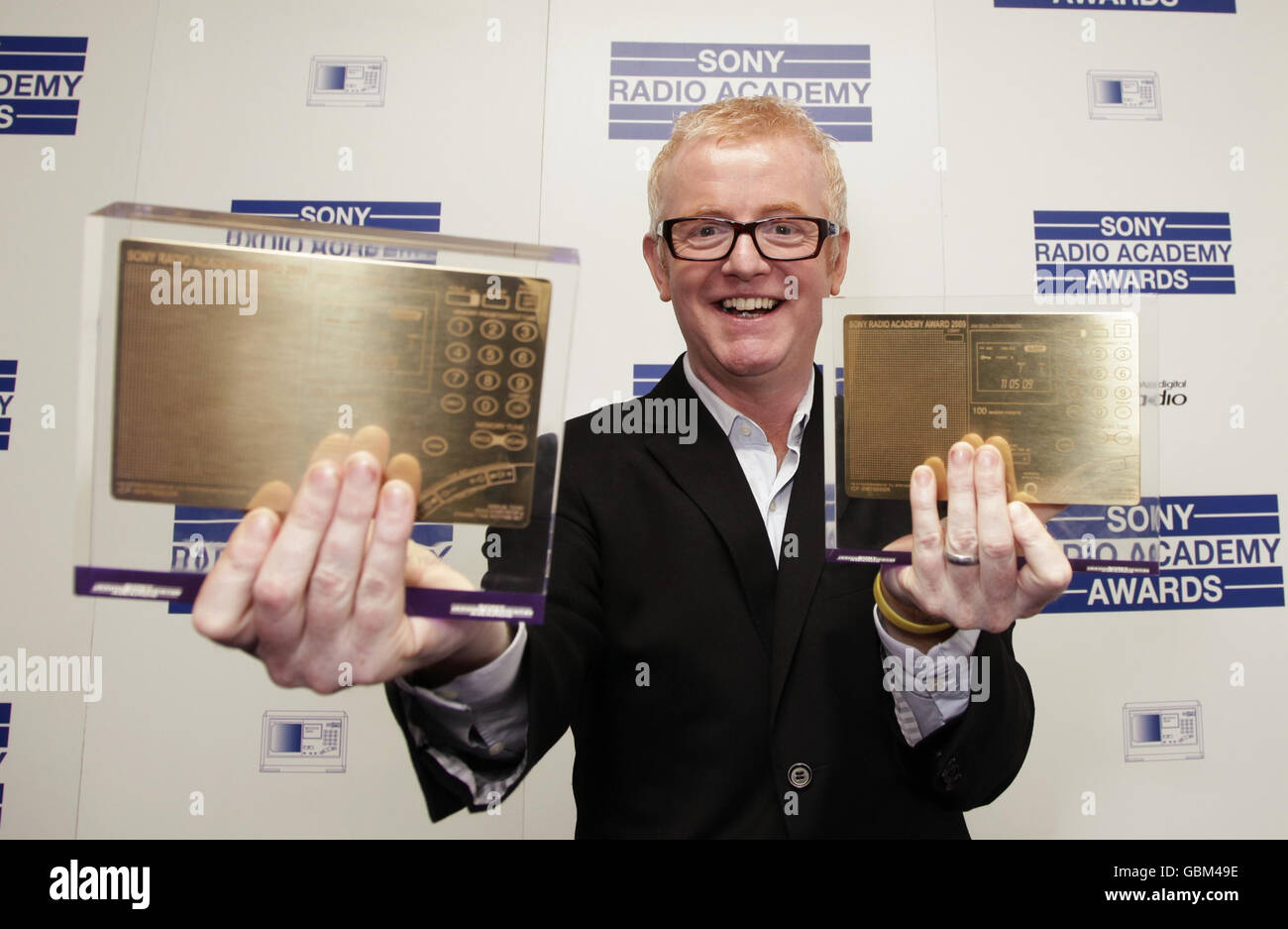 Radio 2 presenter Chris Evans with the Entertainment Award for his drivetime show and the Music Personality Award, at the Sony Radio Academy Awards, at Grosvenor House in central London. Stock Photo