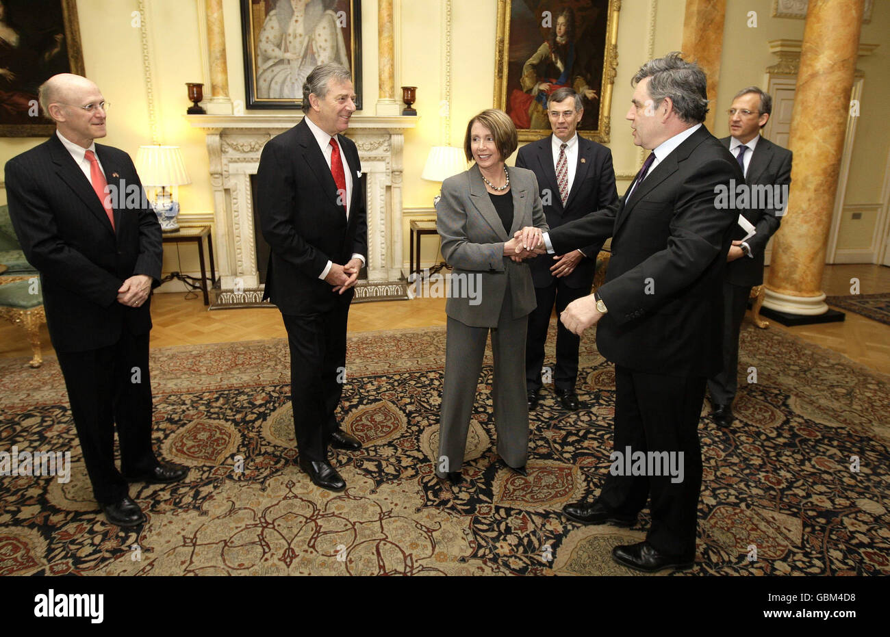 Britain's Prime Minister Gordon Brown meets with Nancy Pelosi, Speaker of the US House of Representatives, and her husband Paul Pelosi (second left) in 10 Downing Street in London. Stock Photo