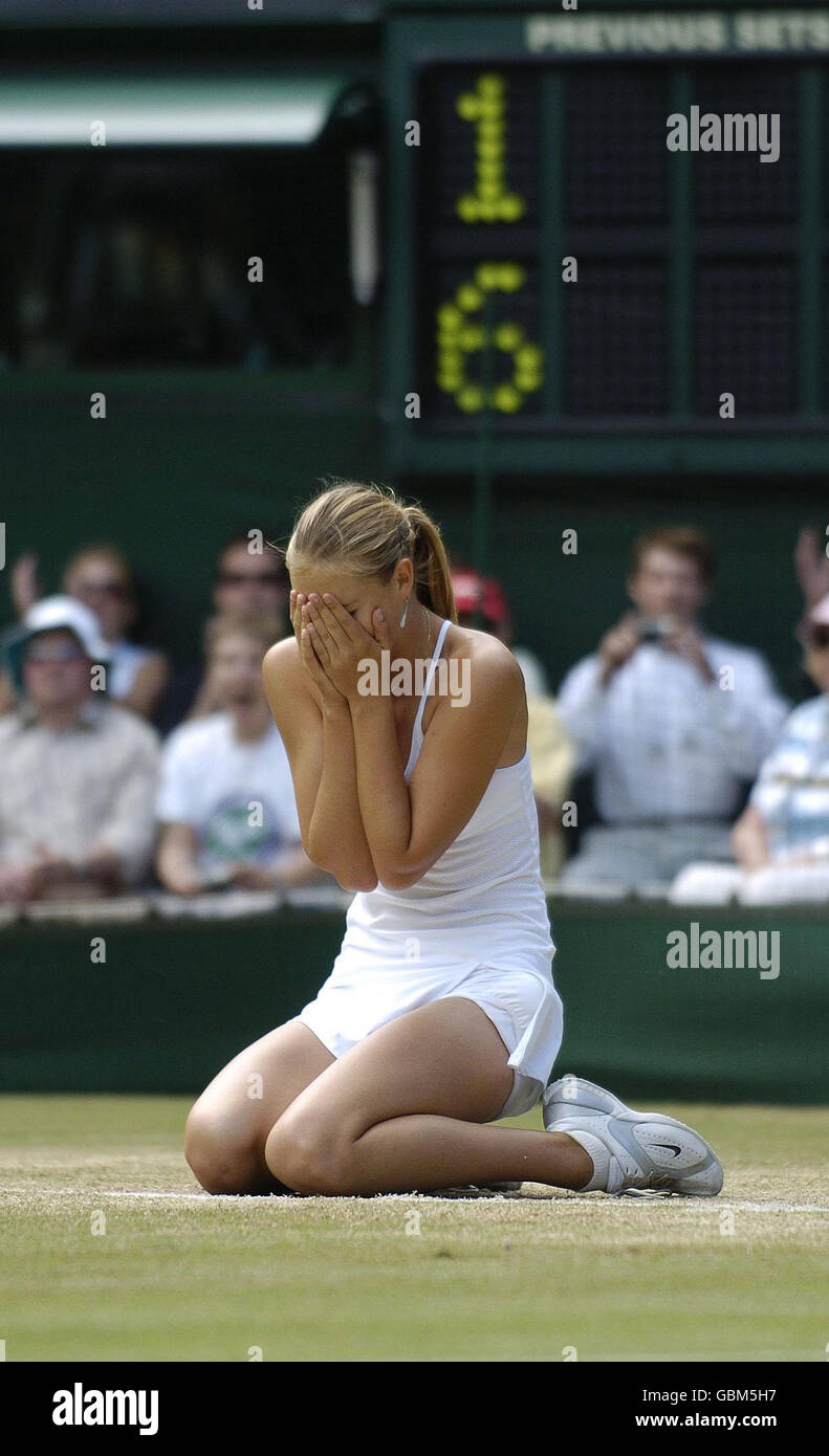 Maria Sharapova covers her face to hide her emotions after winning the ladies' singles final in straight sets Stock Photo
