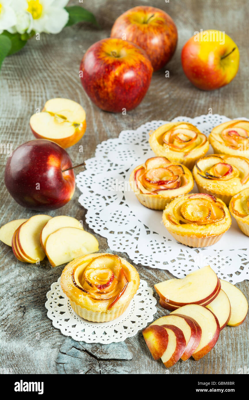 Puff apple shaped roses. Homemade apple cake. Sweet cupcake. Gourmet