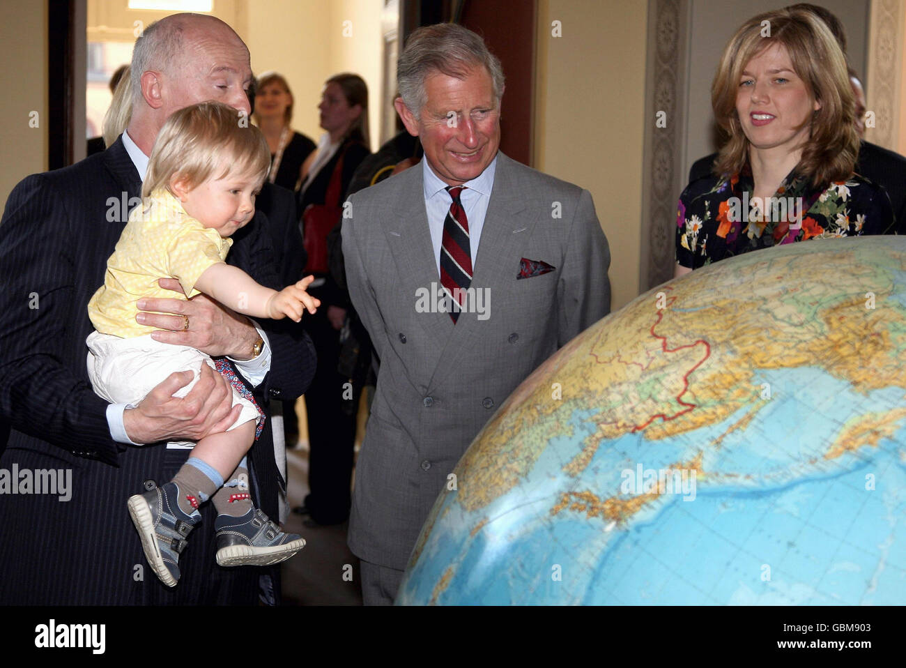 The Prince of Wales visits the Potsdam Institute for Climate Impact Research with the Director John Schellnhuber (Left), his son Zoltan and wife Margaret Boysen in Berlin, Germany. Stock Photo