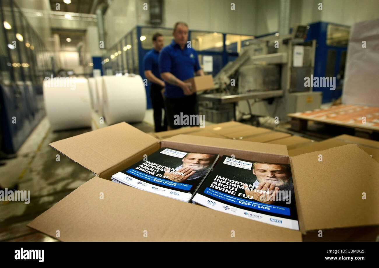 Boxes of leaflets commissioned by the Department of Health, which contain information on the swine flu outbreak, are stored after they were printed at Howitt Printers in Sutton-in-Ashfield. Stock Photo