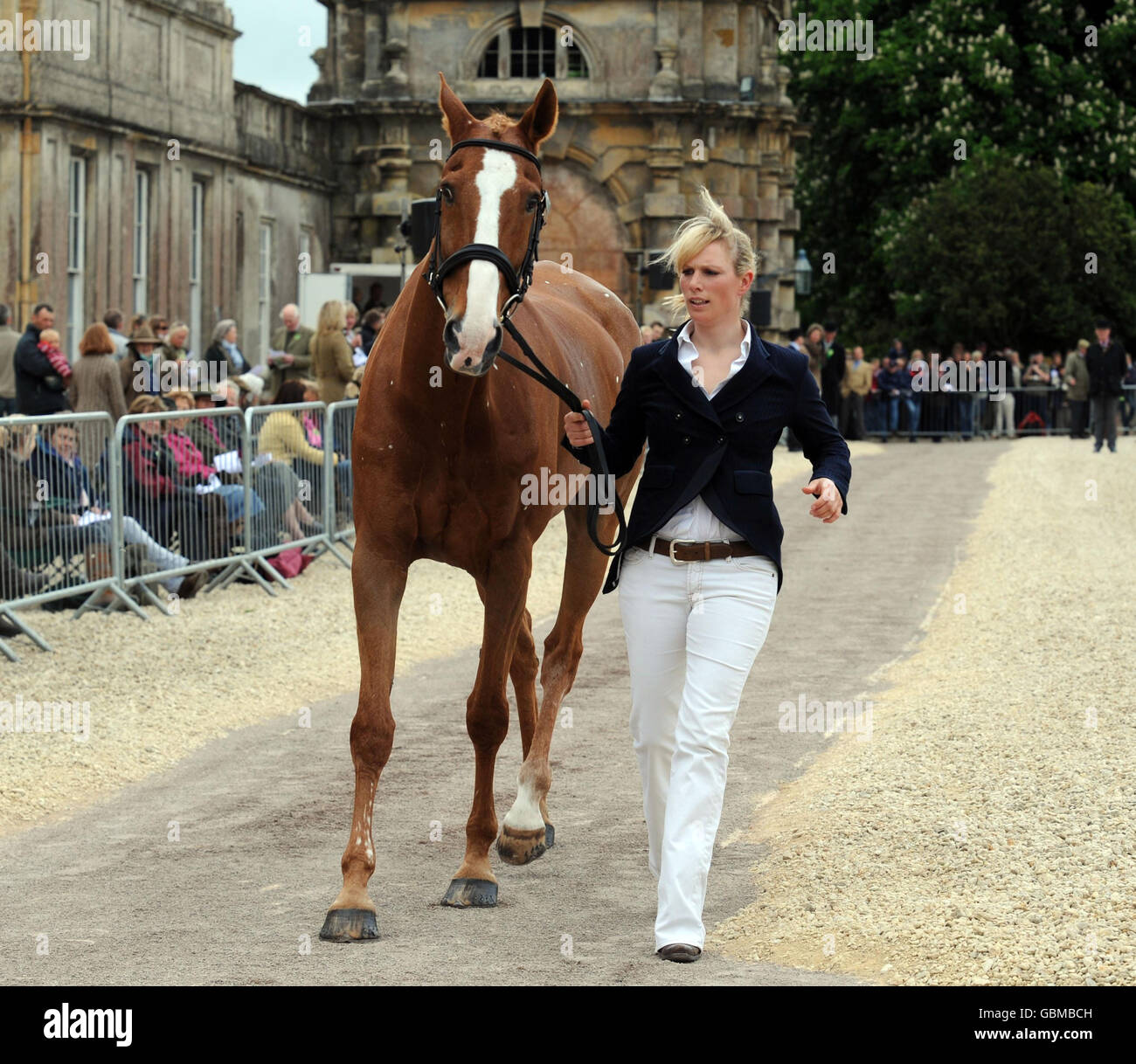 Zara Phillips with Toytown during the first horse inspection infront of Badminton House at the Mitsubishi Motors Badminton Horse Trials. The trials start tomorrow (Thursday) and finish on Sunday. Stock Photo