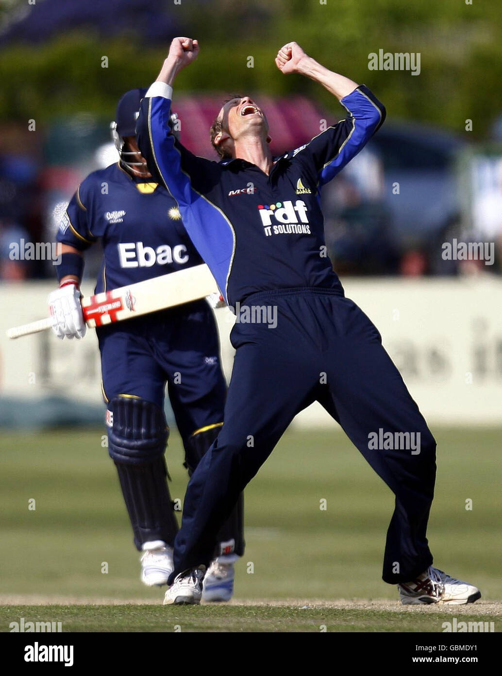 Sussex bowler Robin Martin-Jenkins celebrates bowling Durham's Michael Di Venuto during the Friends Provident Trophy match at the County Ground, Hove. Stock Photo