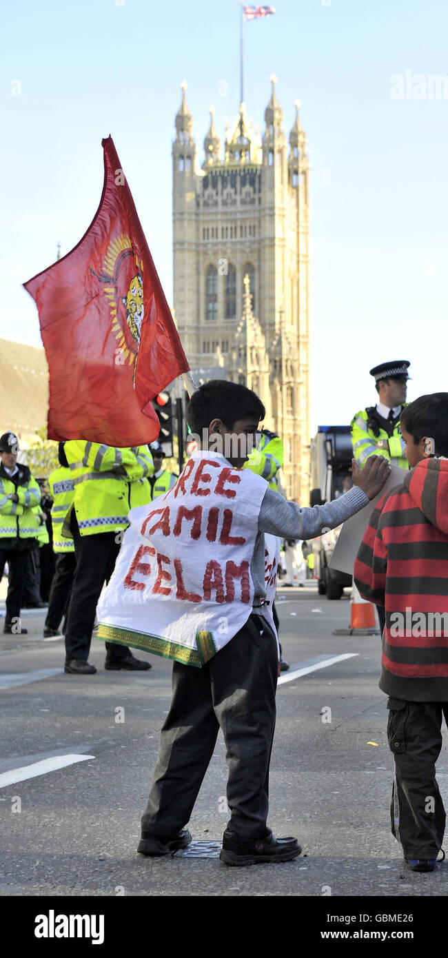 Tamil protesters, calling for a ceasefire in Sri Lanka in Parliament Square, central London. Stock Photo