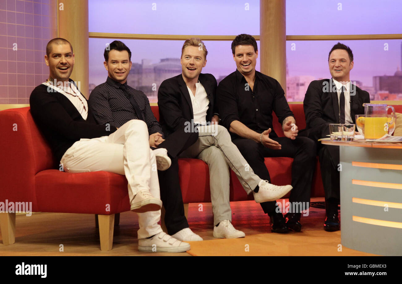 Boyband Boyzone (from left to right) Shane Lynch, Stephen Gately, Ronan Keating, Keith Duffy and Mikey Graham visit GMTV to present the show with Kate Garraway and Andrew Castle on the South Bank in central London. Stock Photo