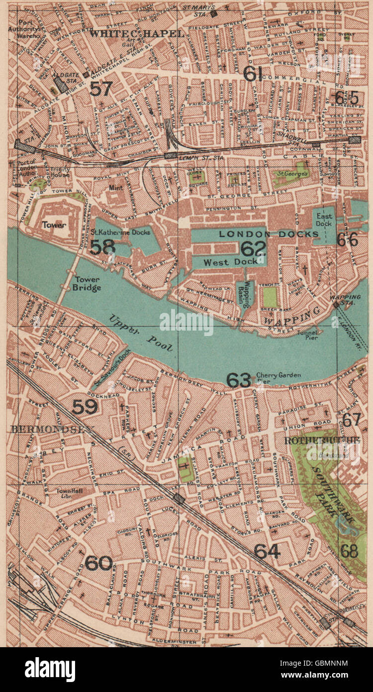 LONDON E.Whitechapel Wapping Bermondsey Rotherhithe Shadwell Tower Hill 1927 map Stock Photo