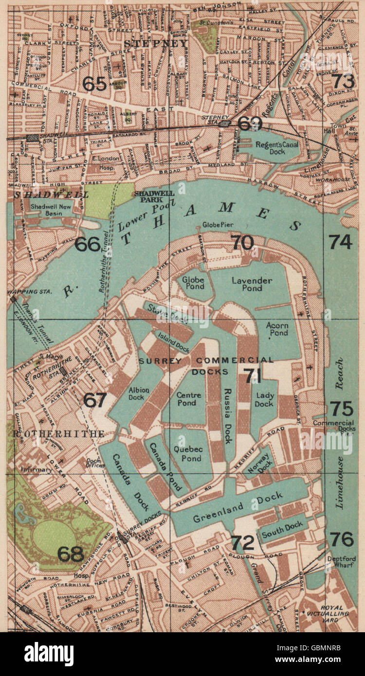 SURREY COMMERCIAL DOCKS. Stepney Shadwell Limehouse Rotherhithe London, 1927 map Stock Photo