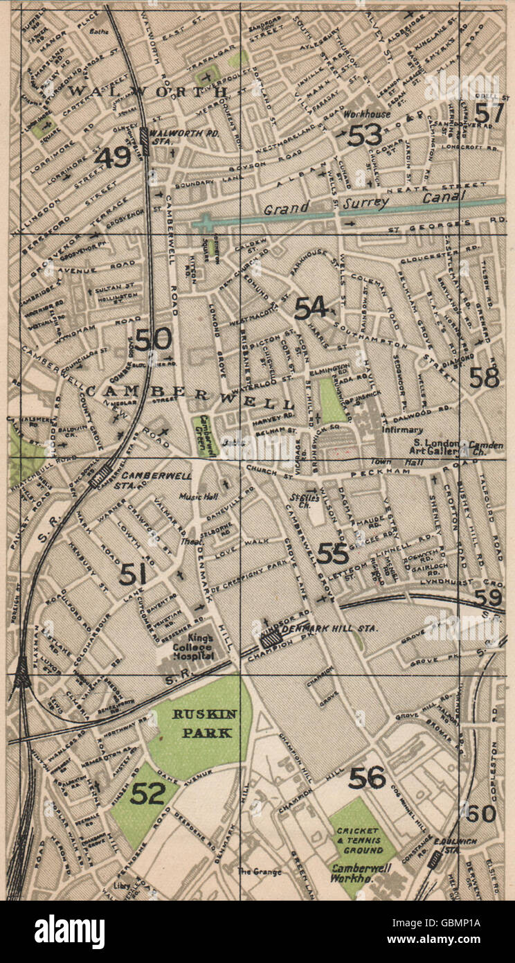 LONDON S. Camberwell Walworth Denmark Hill East Dulwich Surrey Canal, 1927 map Stock Photo
