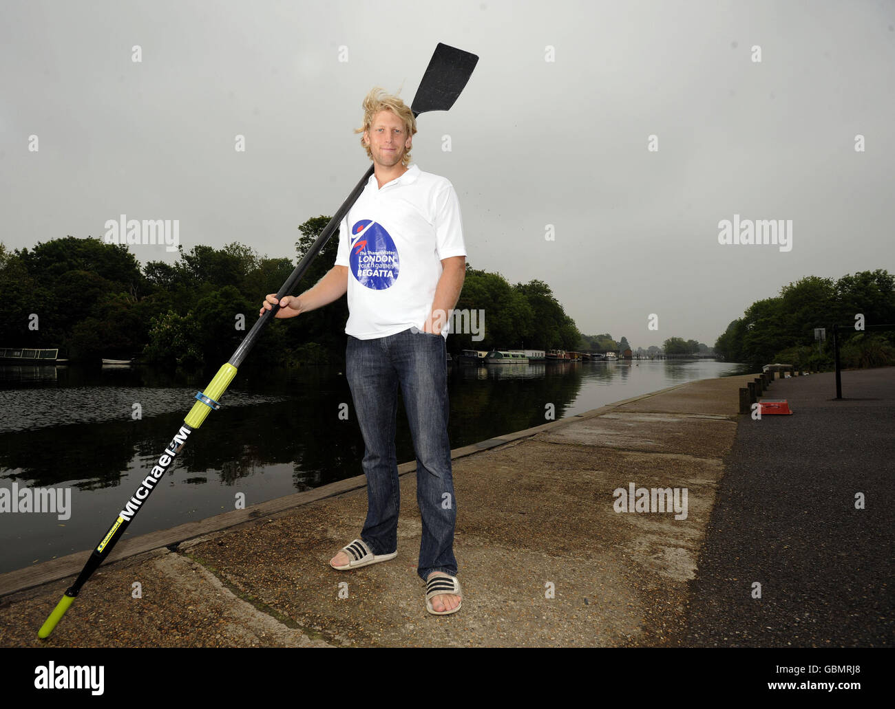 Olympic Gold Medallist Andy Hodge poses during a training session at Molesey Boat Club, Molesey. Stock Photo