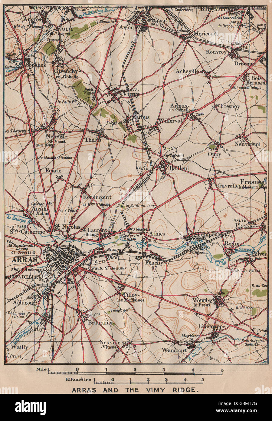 ARRAS AND THE VIMY RIDGE. Vintage map plan. Pas-de-Calais, 1920 Stock Photo
