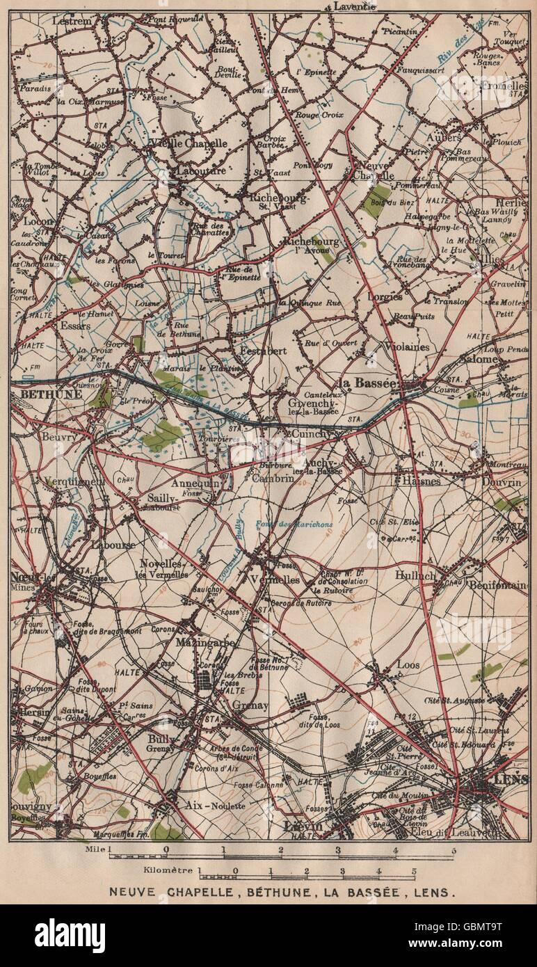 NEUVE CHAPELLE, BÉTHUNE, LA BASSÉE, LENS. Vintage map plan. Pas-de-Calais 1920 Stock Photo