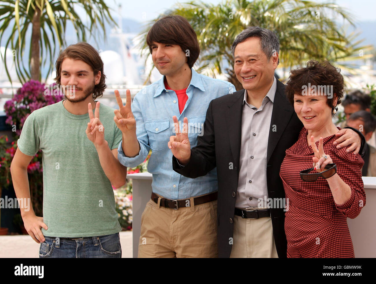 Director Ang Lee, second right, with the cast of the film 'Taking Woodstock' (from left) Emile Hirsch, Demetri Martin, and Imelda Staunton, at a photocall at the Palais des Festivals, in Cannes, France, as part of the 62nd annual Cannes Film Festival Stock Photo