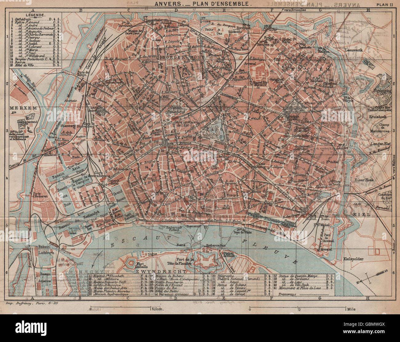 ANTWERPEN-PLAN D'ENSEMBLE. Vintage town city map plan. Belgium. Anvers, 1920 Stock Photo