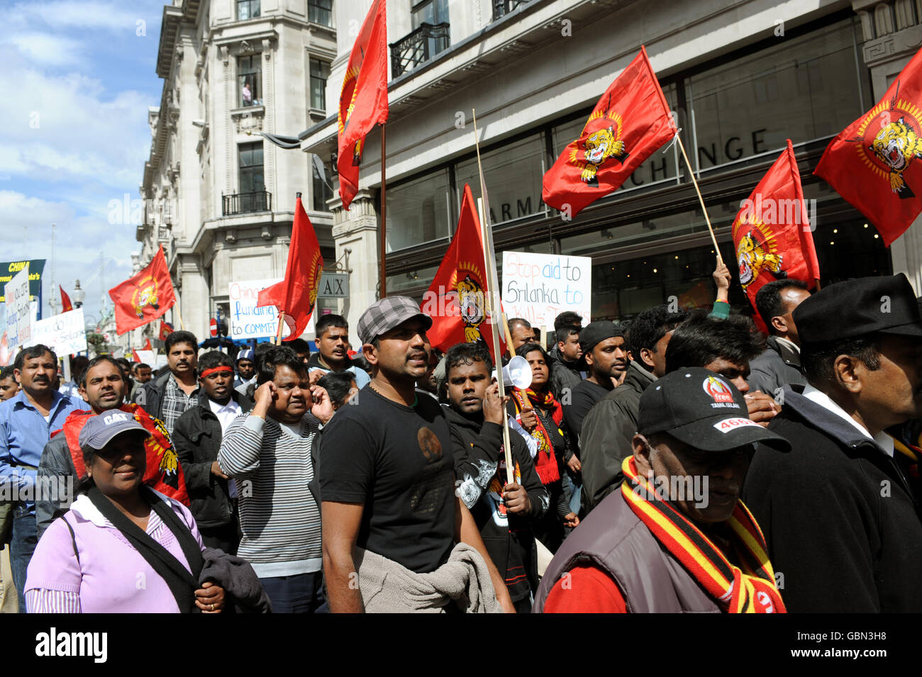 British Tamil students hold a protest on the streets of central London for an immediate and permanent ceasefire in Sri Lanka. Stock Photo