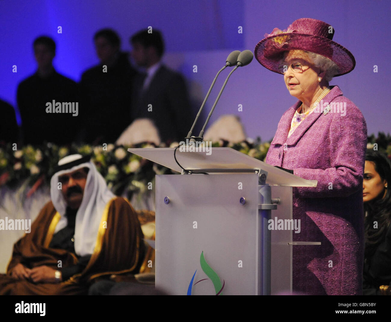 Britain's Queen Elizabeth II delivers a speech during the official inauguration of the South Hook Liquefied Natural Gas (LNG) Terminal in Milford Haven. Stock Photo