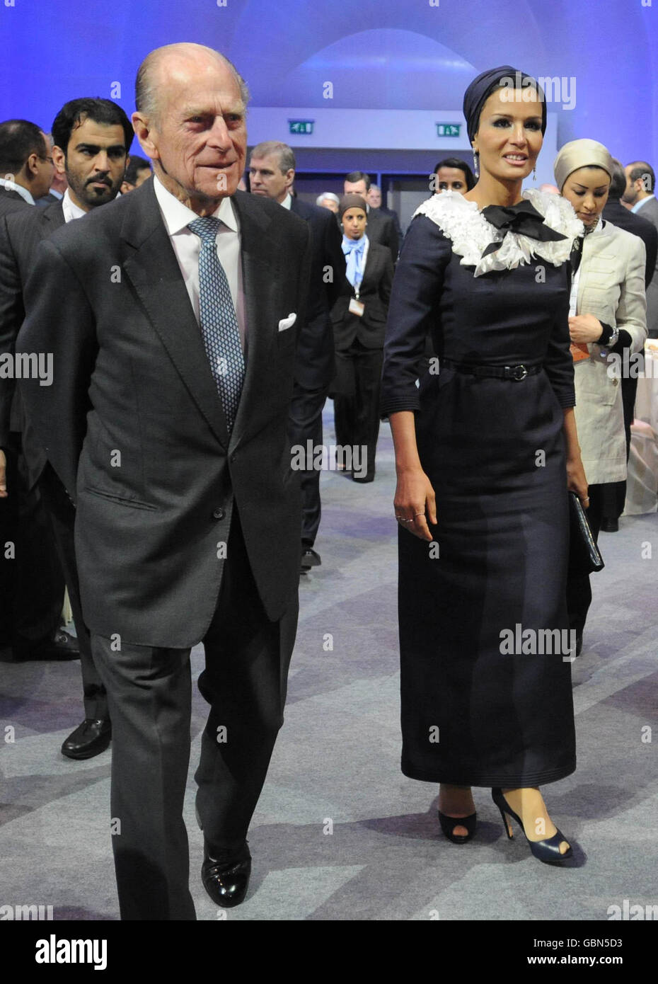 The Duke of Edinburgh with the wife of the Amir of Qatar, Sheikha Mozah bint Nasser Al-Missned at the official inauguration of the South Hook Liquefied Natural Gas (LNG) Terminal in Milford Haven. Stock Photo