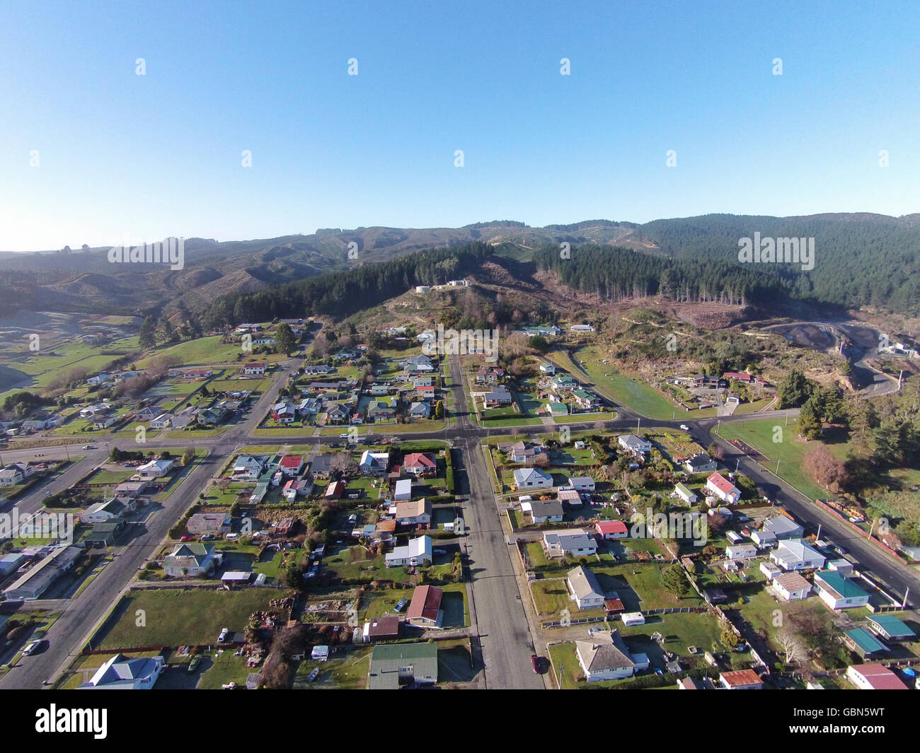Kaitangata, near Balclutha, Clutha District, South Otago, South Island, New Zealand - drone aerial Stock Photo