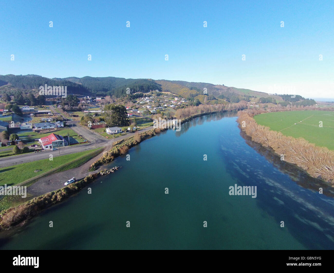 Clutha River at Kaitangata, near Balclutha, Clutha District, South Otago, South Island, New Zealand - drone aerial Stock Photo