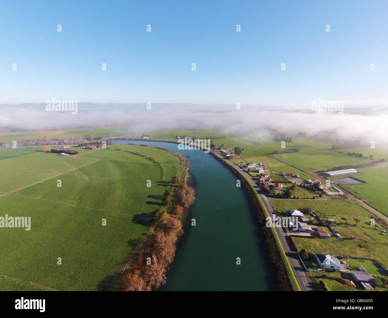 Clutha River at Kaitangata, near Balclutha, Clutha District, South Otago, South Island, New Zealand - drone aerial Stock Photo