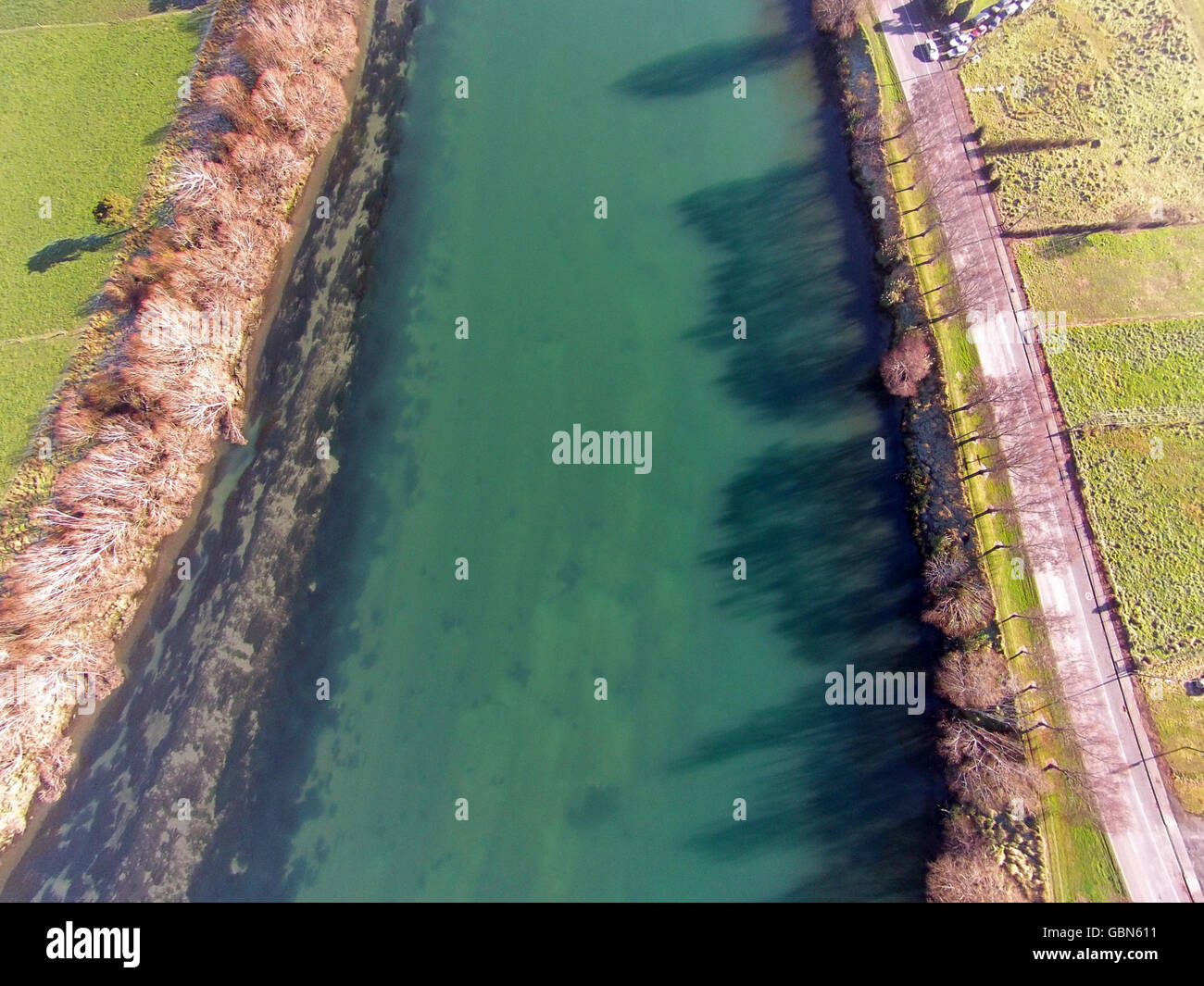 Clutha River at Kaitangata, near Balclutha, Clutha District, South Otago, South Island, New Zealand - drone aerial Stock Photo