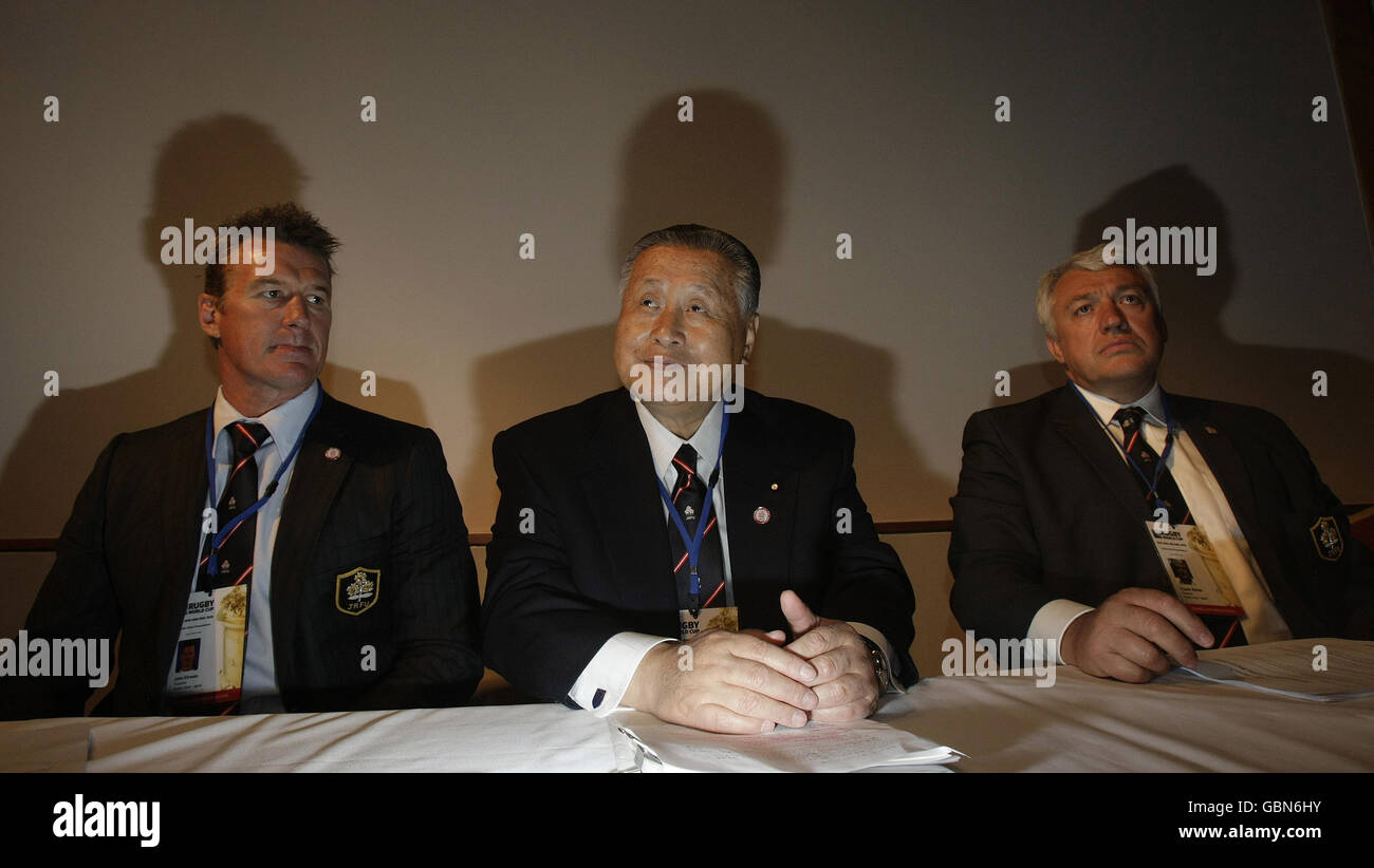 Japan's coach John Kirwan, Yoshiro Mori and Claude Atcher speak to the media during the Rugby Union World Cup 2015/2019 Tender Presentation at the Royal College of Physicians of Ireland, in Dublin. Stock Photo