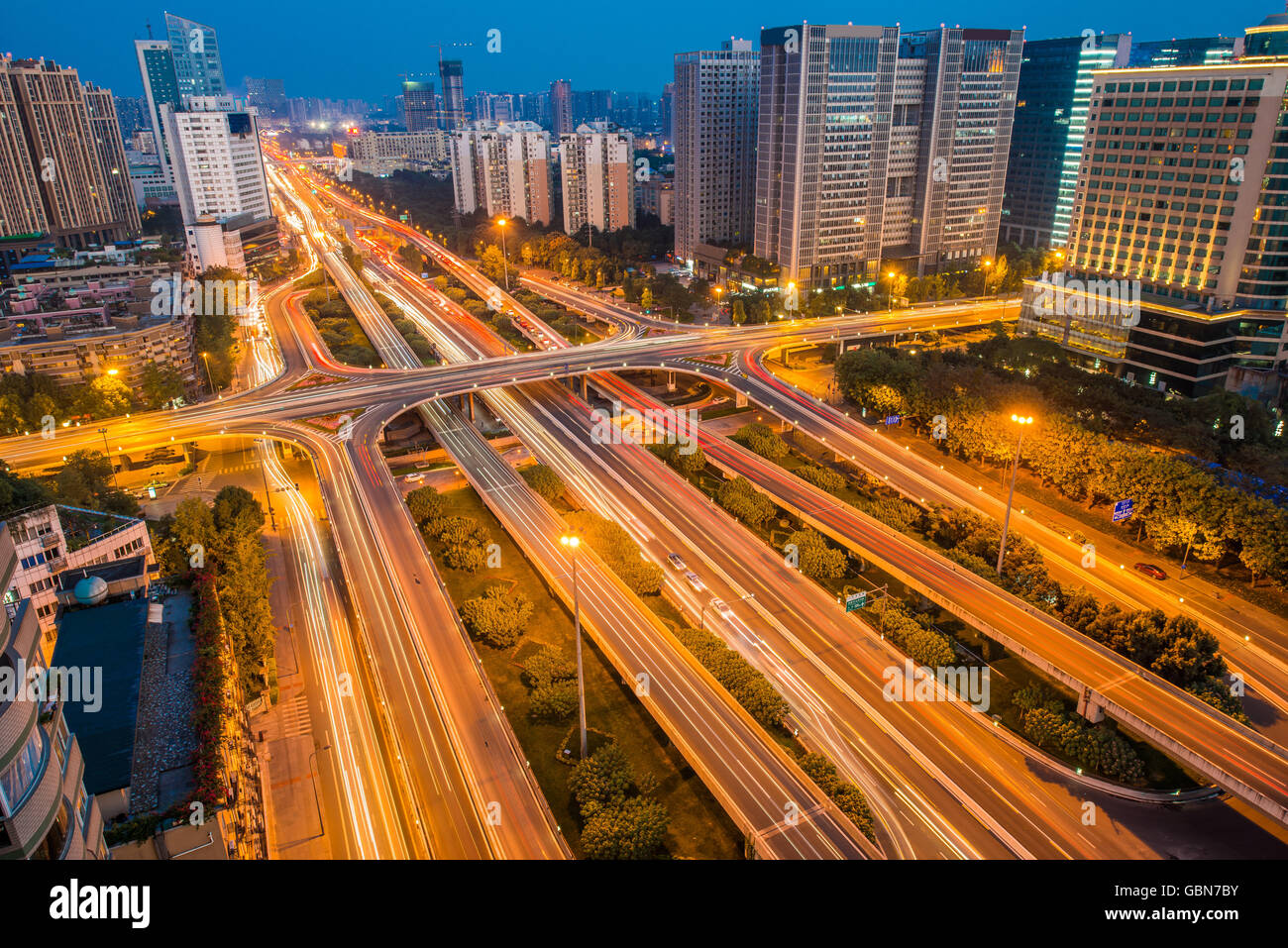 Chengdu City, Sichuan Province, the night view of the South overpass Stock Photo