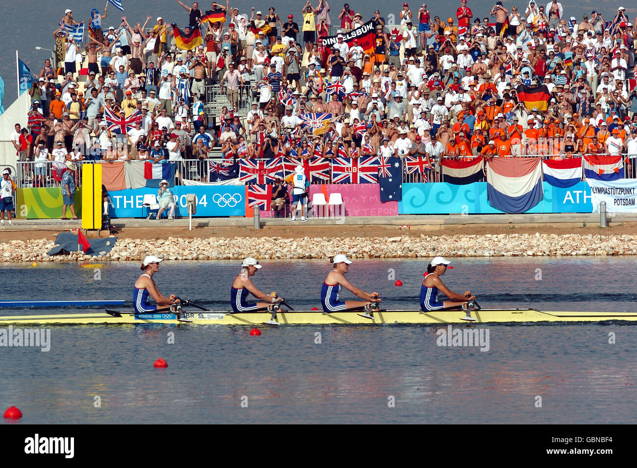 Rowing - Athens Olympic Games 2004 - Women's Quadruple Sculls - Final. A general view of the Great Britian team in action in the final Stock Photo