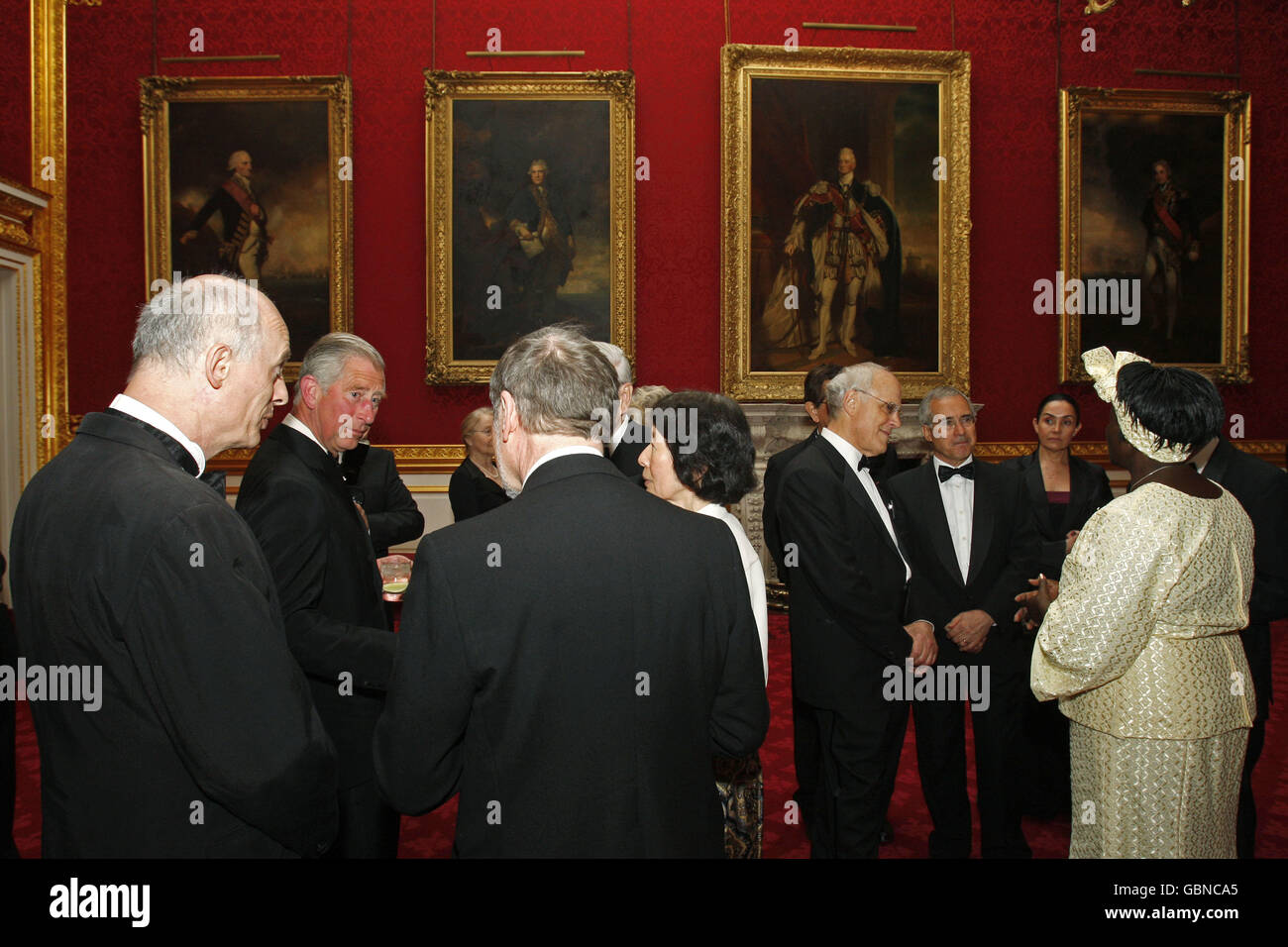 Britain's Prince Charles, the Prince of Wales (2nd left) talks to unidentified guests, during a reception for Nobel Laureates and climate change experts, at St James's Palace in London, Stock Photo