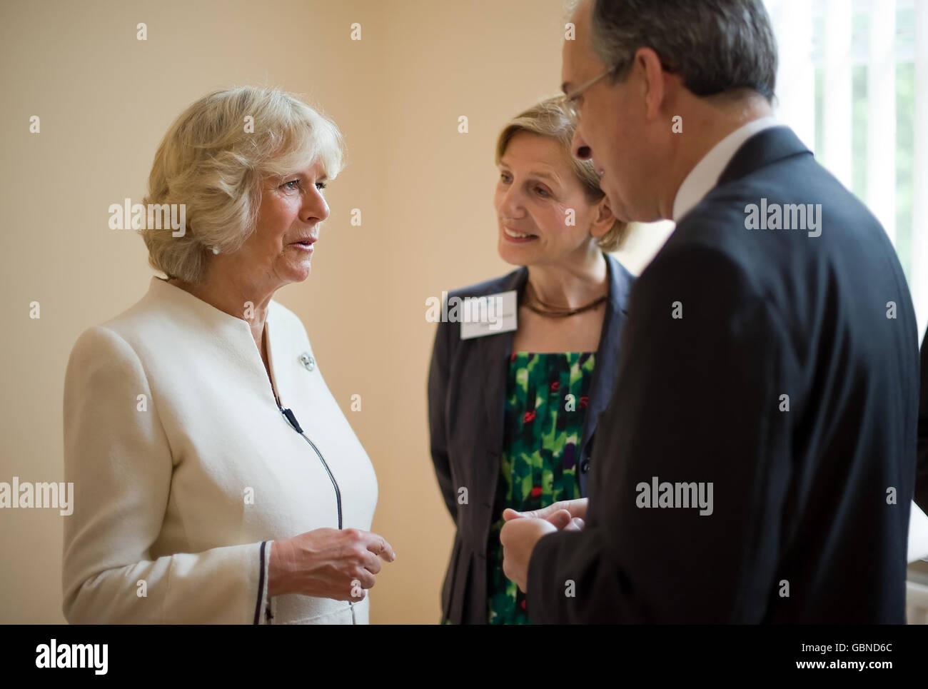 PLEASE NOTE: RETRANSMITTING WITH CORRECT NAME. The Duchess of Cornwall speaks with Clinic President Laurence Colchester (centre) and the French Ambassador to the UK Maurice Gourdault during a visit to French clinic Le Dispensaire Francais in Hammersmith, west London. Stock Photo