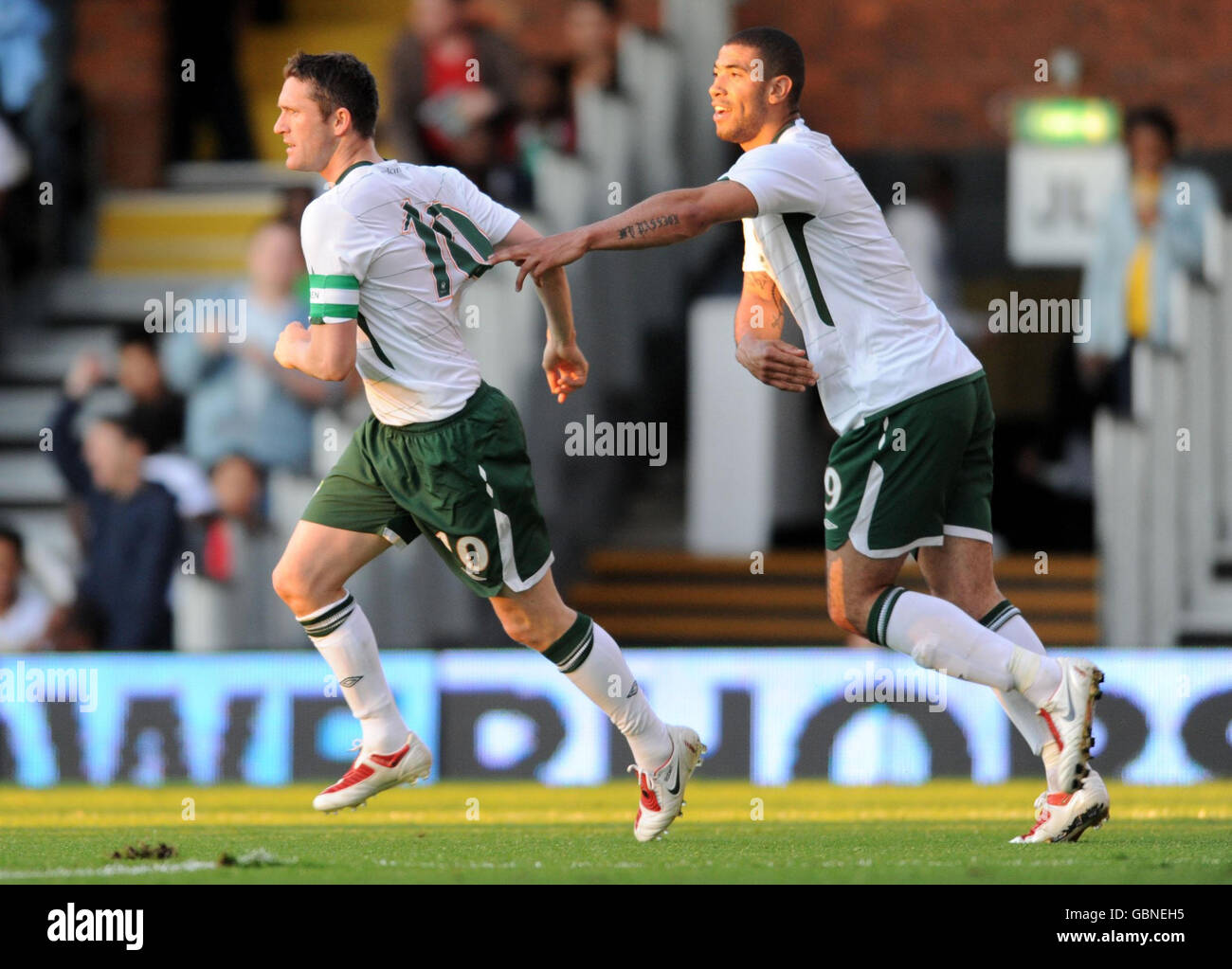 Ireland's Robbie Keane (left) celebrates with Leon Best after scoring