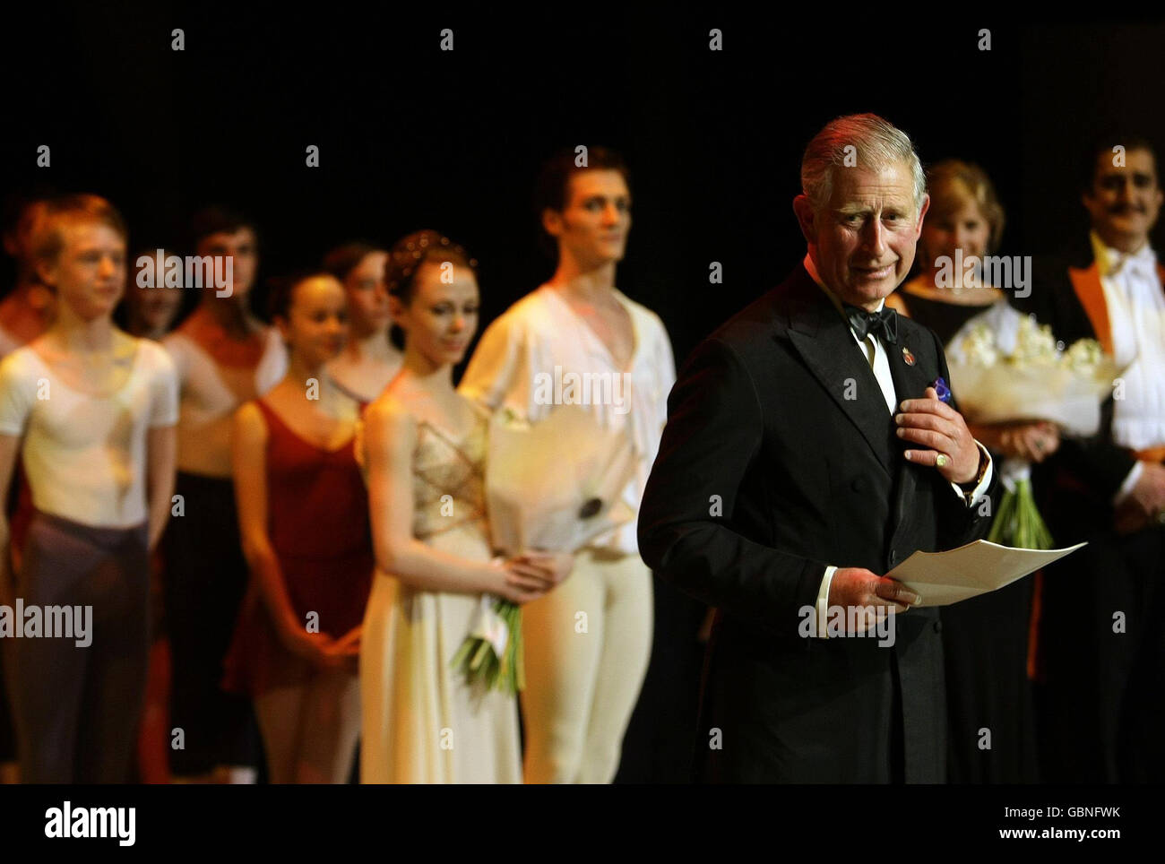 Britain's Prince of Wales speaks following a Royal Gala performance at the Royal Ballet School in London. Stock Photo
