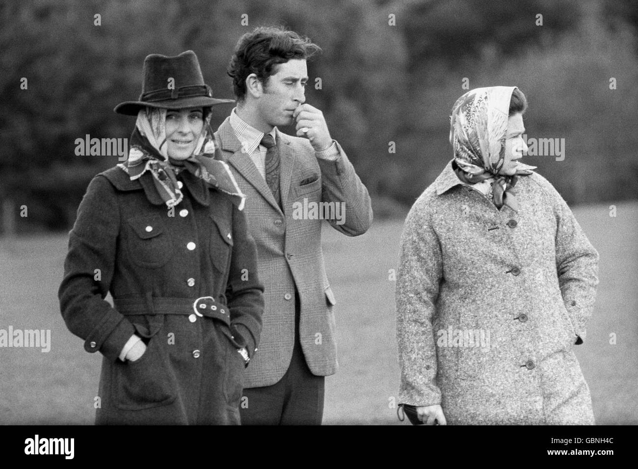 Left to right, The Countess of Westmorland, Prince Charles and Queen Elizabeth II at the International Driving Grand Prix course, Royal Windsor Horse Show. Stock Photo