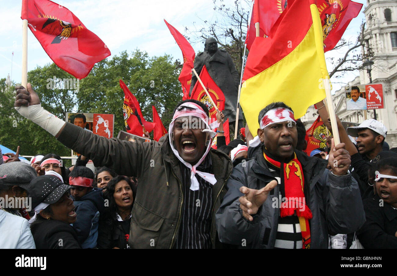 Tamil Tiger protesters outside Parliament in London as the Sri Lankan army completes its clean-up operation against the last remaining Tamil Tiger rebels fighting against state forces. Stock Photo
