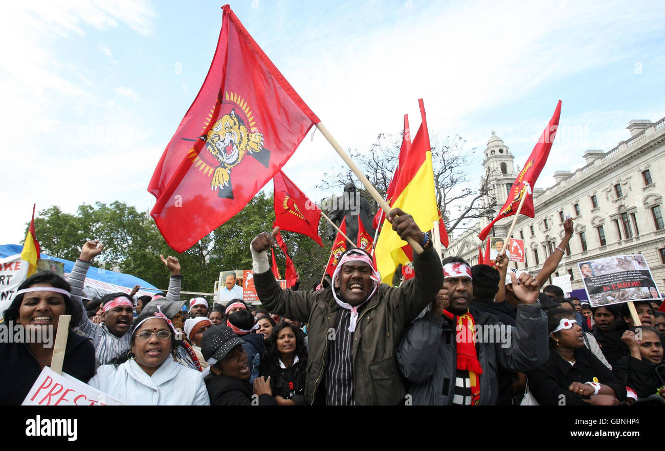 Tamil Tiger protesters outside Parliament in London as the Sri Lankan army completes its clean-up operation against the last remaining Tamil Tiger rebels fighting against state forces. Stock Photo