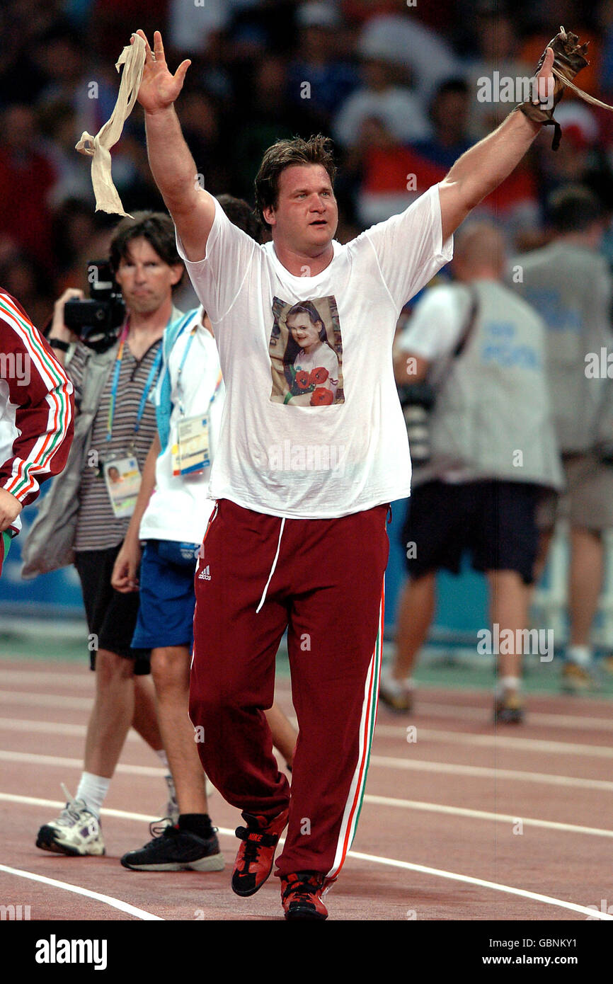 Athletics - Athens Olympic Games 2004 - Men's Hammer Throw - Final. Hungary's Adrian Annus celebrates winning gold Stock Photo
