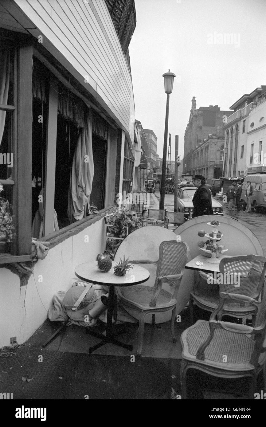 Elegant furniture on the pavement outside the exclusive Walton's Restaurant in Chelsea, the scene of an IRA bomb thrown through the window, which exploded among the many diners, killing a man and a woman and leaving 17 people injured. Stock Photo