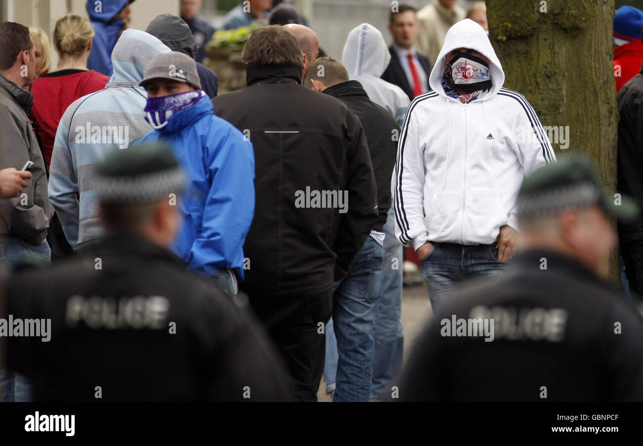 Loyalist supporters outside Ballymena Court in Northern Ireland. Stock Photo