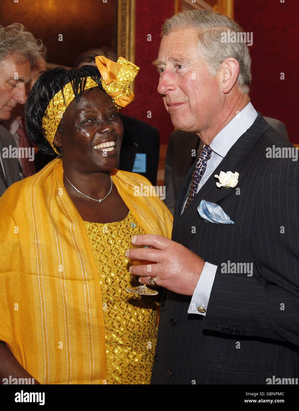 The Prince of Wales, right, Patron of the University of Cambridge Programme for Sustainability Leadership, talks with Kenya's Professor Wangari Maathai the winner of the Nobel Prize in Peace in 2004, during a reception for Nobel Laureates and climate change experts at St James's Palace in London. Stock Photo