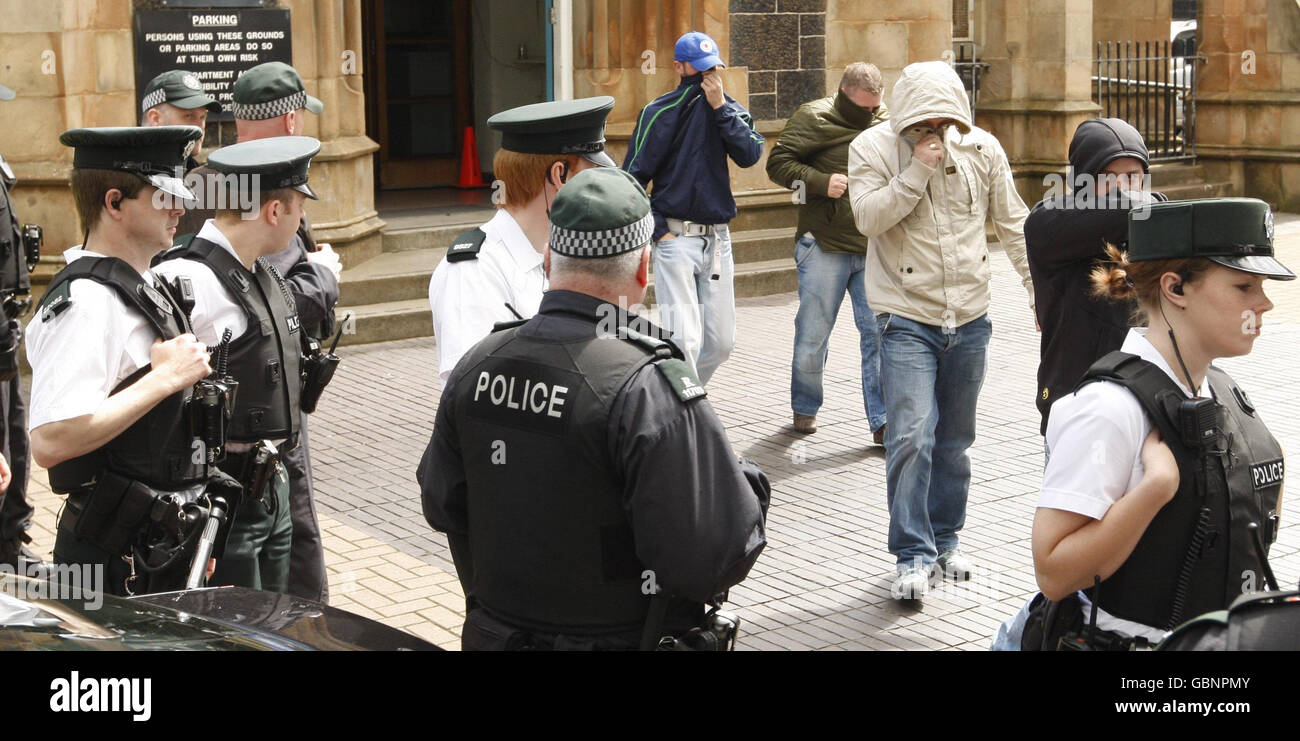 Loyalist supporters outside Ballymena Court in Northern Ireland. Stock Photo