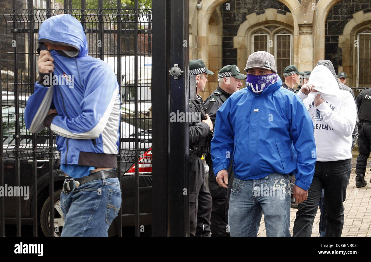 Loyalist supporters outside Ballymena Court in Northern Ireland. Stock Photo