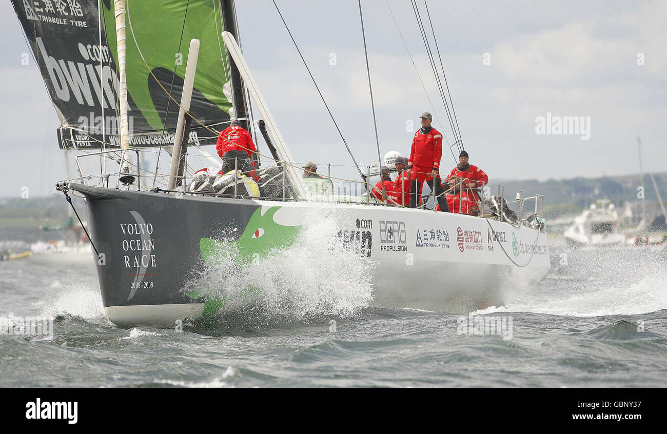 The Green Dragon taking part in the Volvo Ocean Race after leaving Galway harbour after a two week stop over. Stock Photo