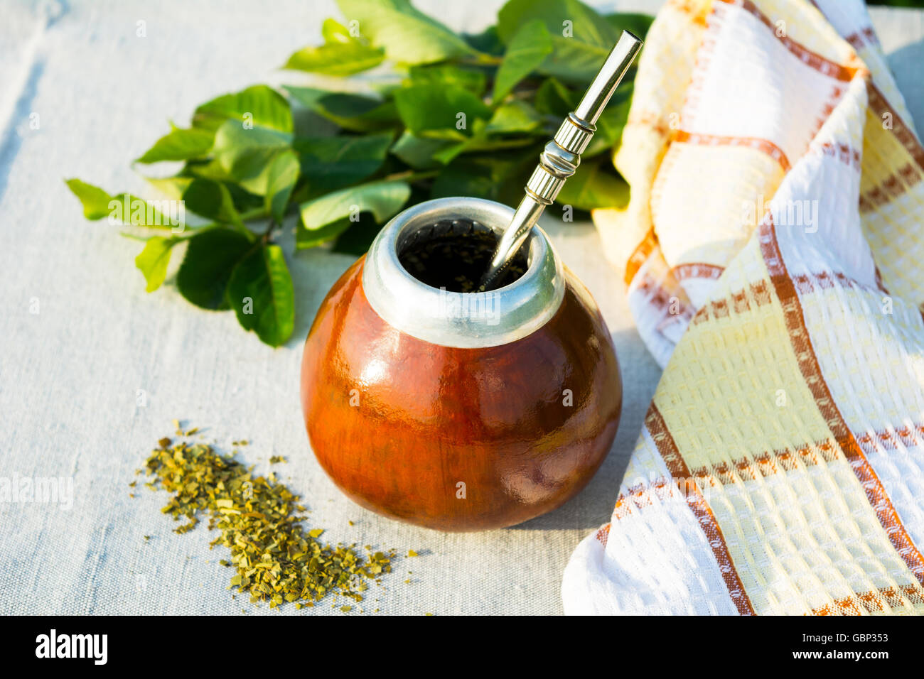 Yerba mate in gourd calabash with bombilla. Traditional Latin America