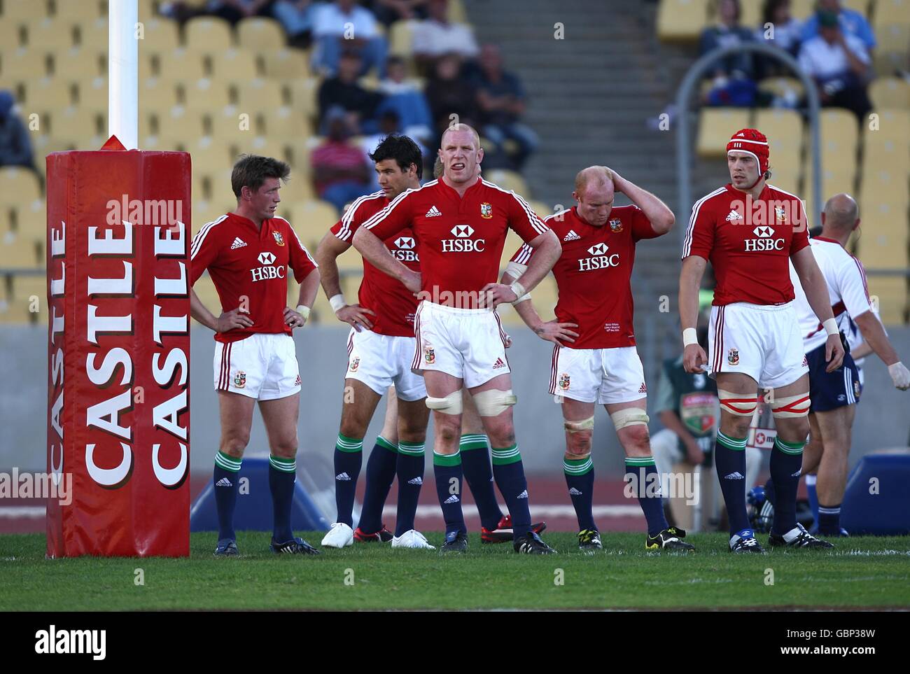 British and Irish Lion's Ronana O'Gara (left), Mike Phillips, Paul O'Connell, Martyn Williams and Alun-Wyn Jones (right) stand on their touchline as they await the decision from the TV replay Stock Photo