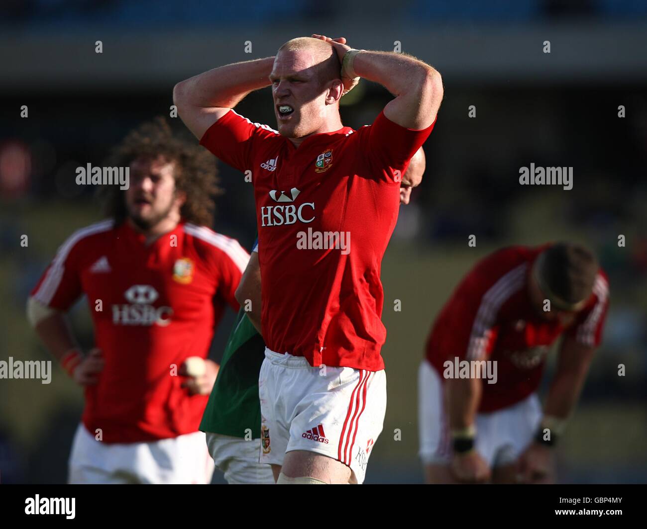 British and Irish Lions' Adam Jones (left), captain Paul O'Connell (centre) and Joe Worsely (right) rue a missed chance Stock Photo