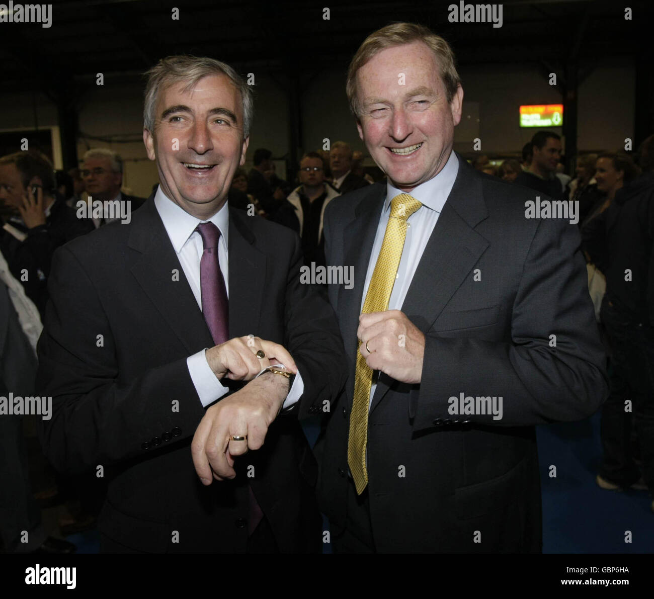 Fine Gaels' Gay Mitchell (left) celebrates with party leader Enda Kenny as he is the first person to be elected in the Dublin constituency of European elections at the RDS today. Stock Photo